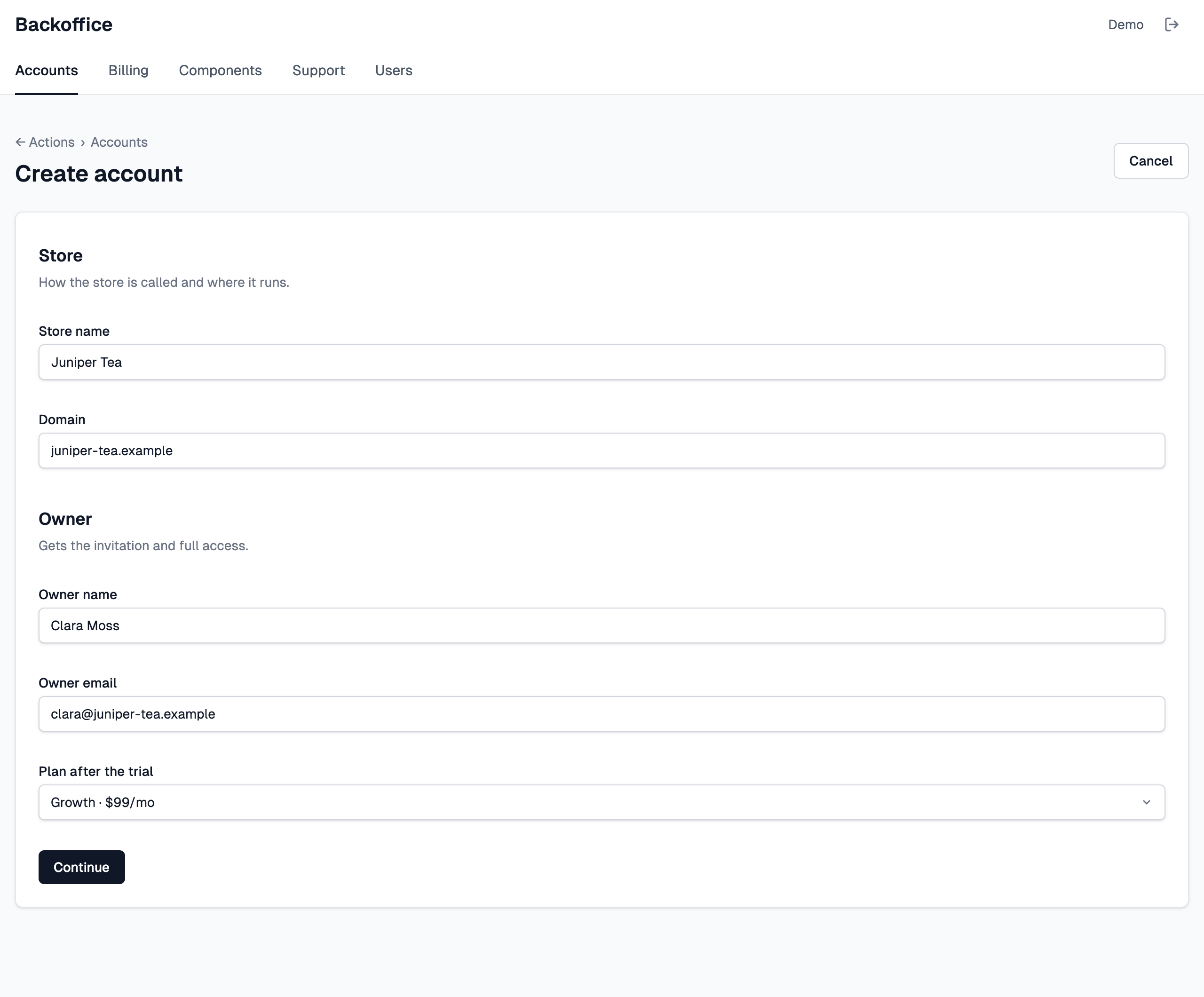 The Create account action in the demo, its form filled in for Juniper Tea